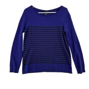 Eileen Fisher Purple Black Stripe Cotton Knit Sweater Sz L Boatneck Fall